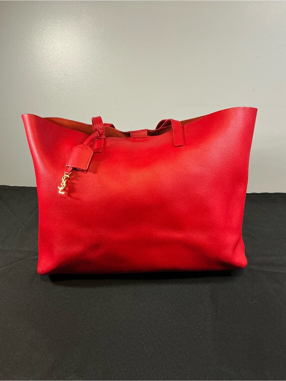 Saint Laurent Red Leather Tote with Gold YSL Charm